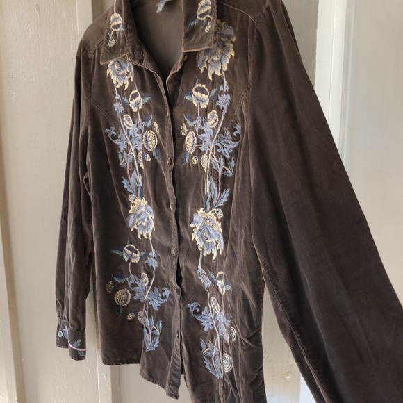 J. Jill Chocolate Brown Corduroy Embroidered Floral Button Down Shirt Womens S - Picture 8 of 12